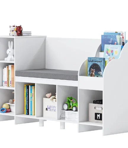 7 Cube Wooden Child Toy Organizer with adjustable shelves. A durable and space-saving storage solution for toys, books, and kids’ room organization